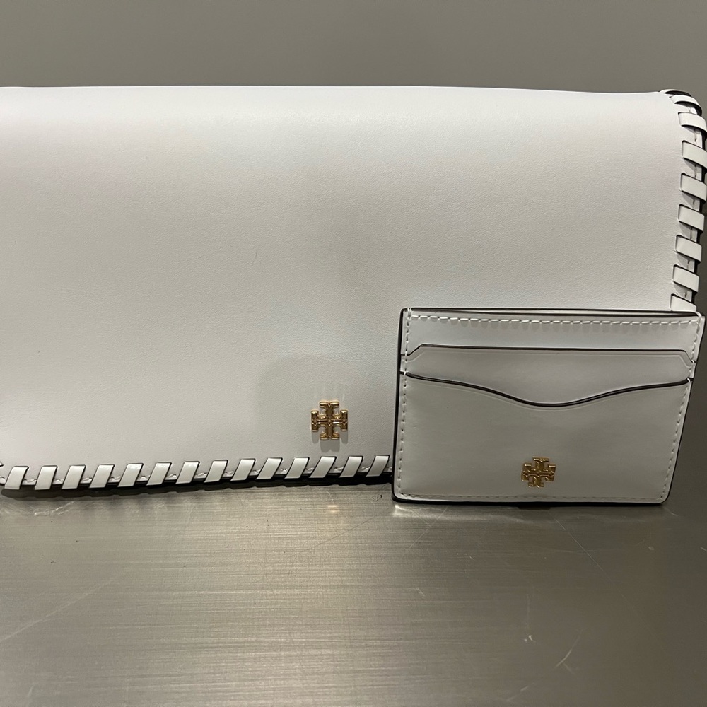 Tory Burch White Card Holder with Gold Logo